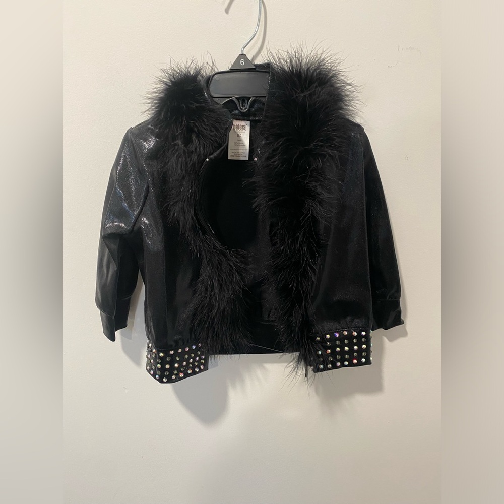 Black metallic crop zip jacket with feathers & rhinestones added, various sizes
